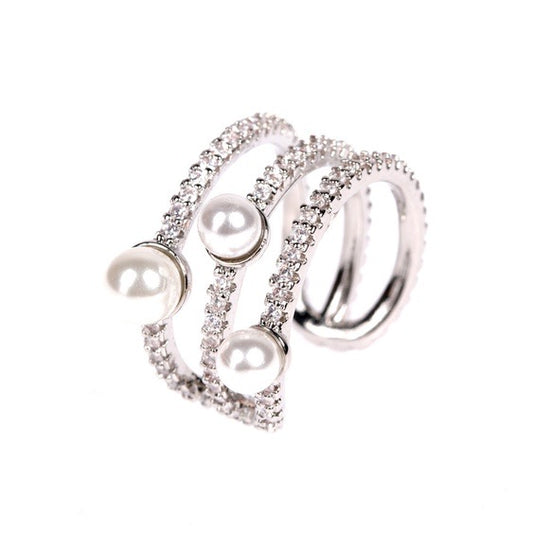 3 Band Pearl+Crystal Ring