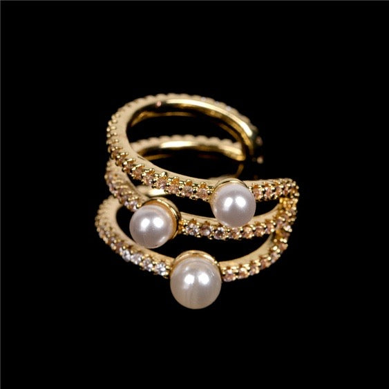 3 Band Pearl+Crystal Ring